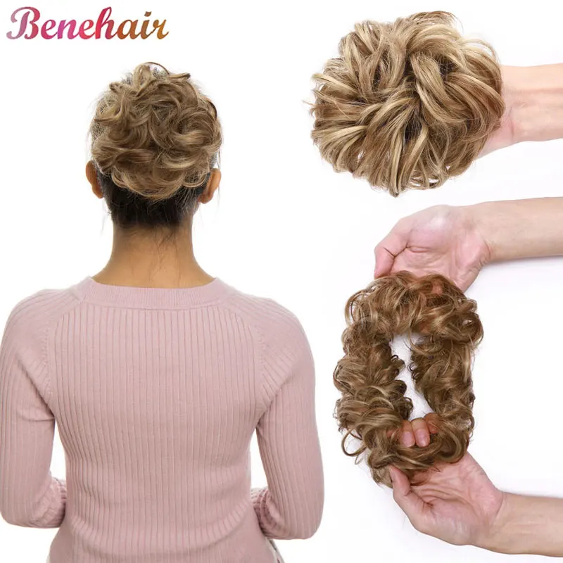 BENEHAIR Messy Bun Hair Piece Synthetic Hair Bun Scrunchies for Women Brown and Blonde Wavy Curly Chignon Ponytail Hairpieces