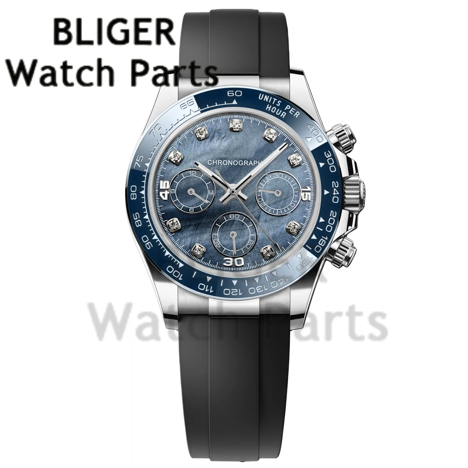 

BLIGER 39MM Men's Quartz Chronograph Wristwatch VK63 Multifunctional Watch Rubber Strap Peal Blue Dial Ceramic Bezel Waterproof