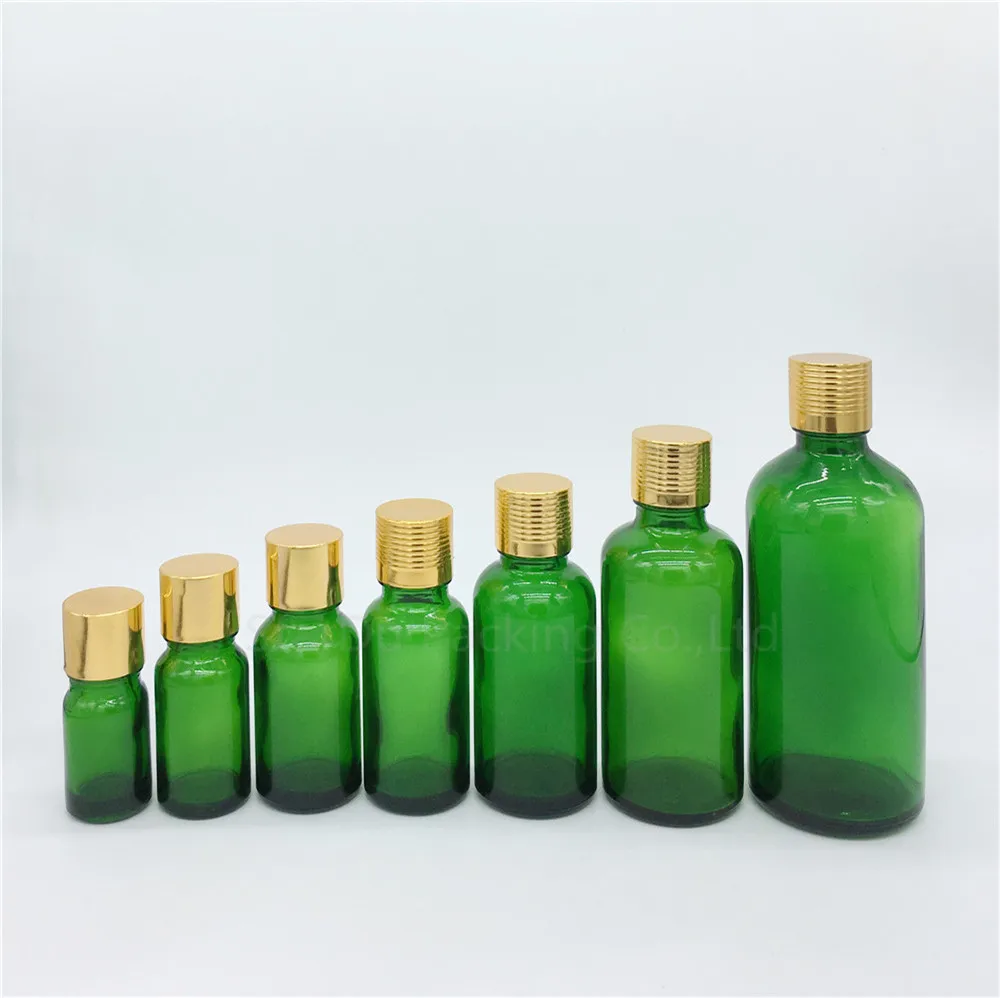 100 unidades 5ml/10ml/15ml/20ml/30ML/50ml/100ml frascos de vidrio verde botella de aceite esencial con tapón de rosca dorado botellas de Perfume