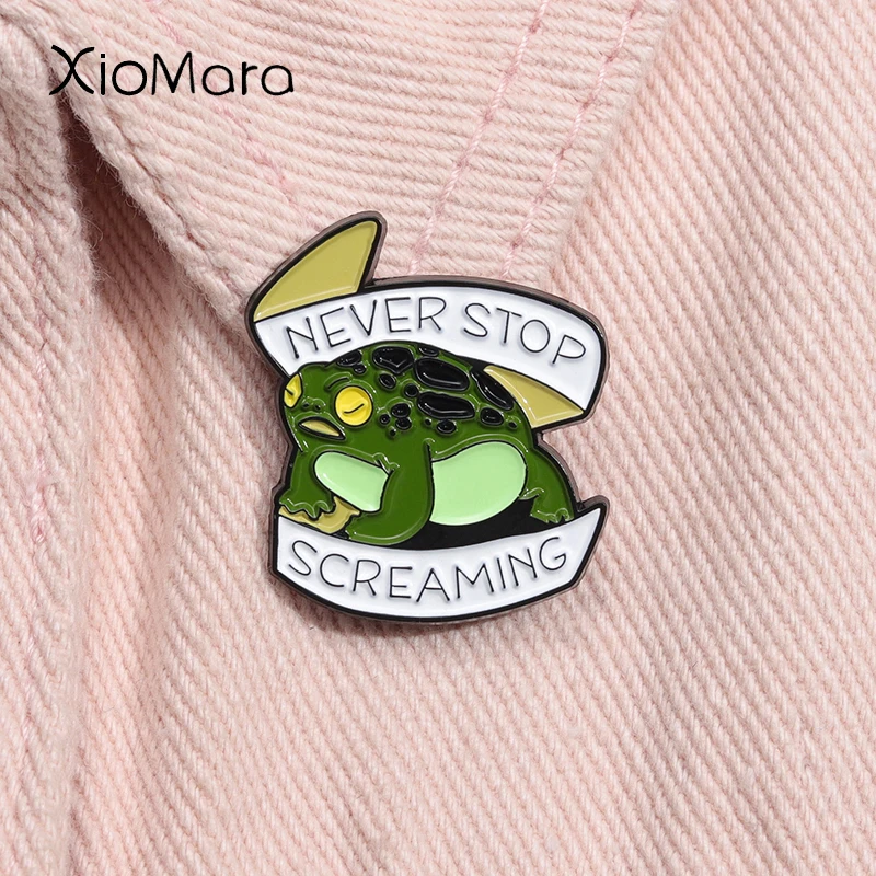 Never Stop Screaming Enamel Pin Funny Cartoon Toad Rain Frog Animal Brooch Lapel Backpack Badge Jewelry Gift For Friends