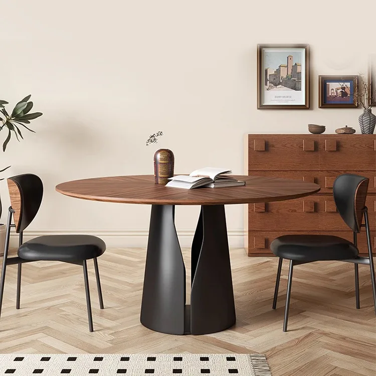 

French retro solid wood round dining table and chair combination black walnut parquet medium and ancient style household small a