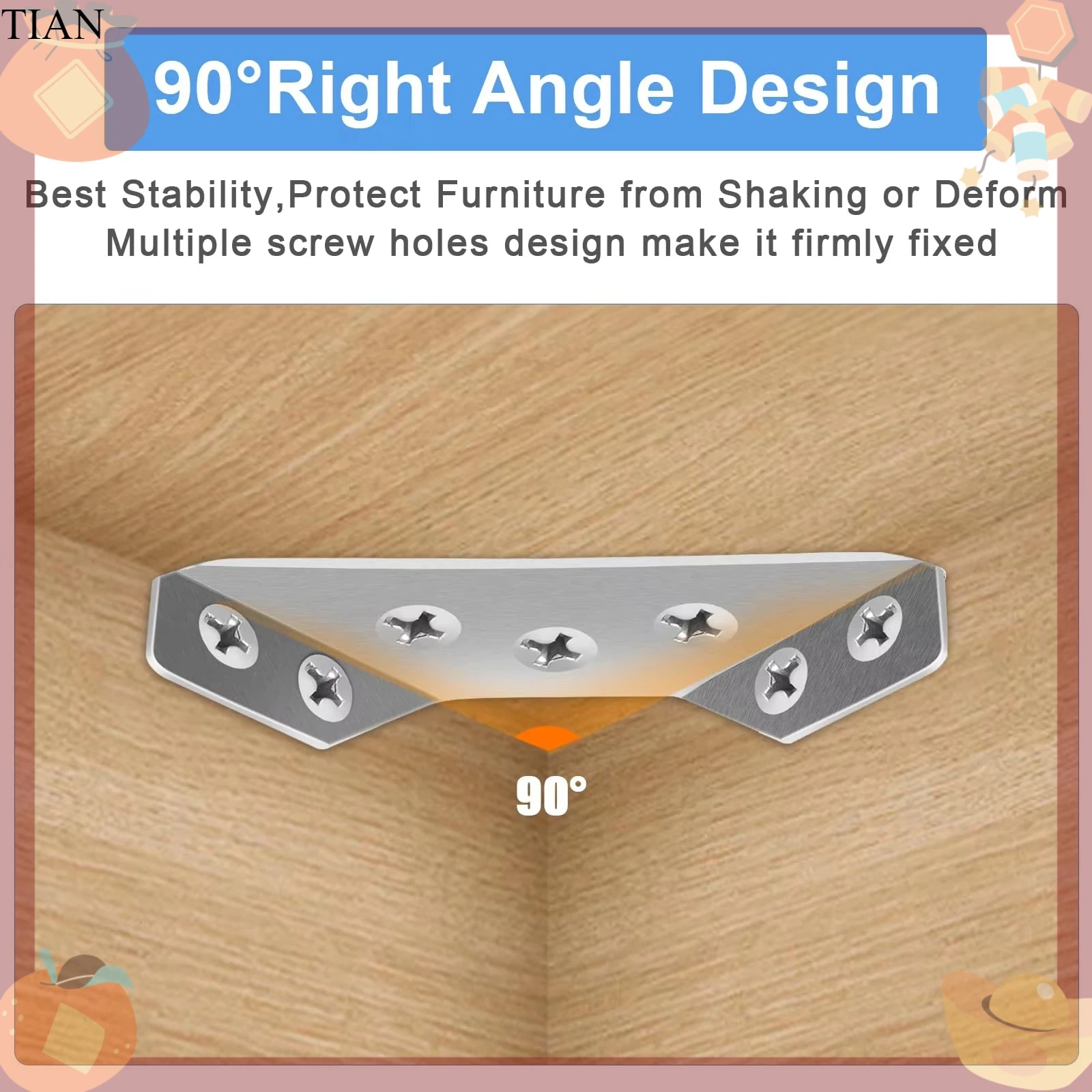 TIAN    Thickened Stainless Steel Angle Code 90 Degrees Right Angle Fixed Bracket Furniture Connectors