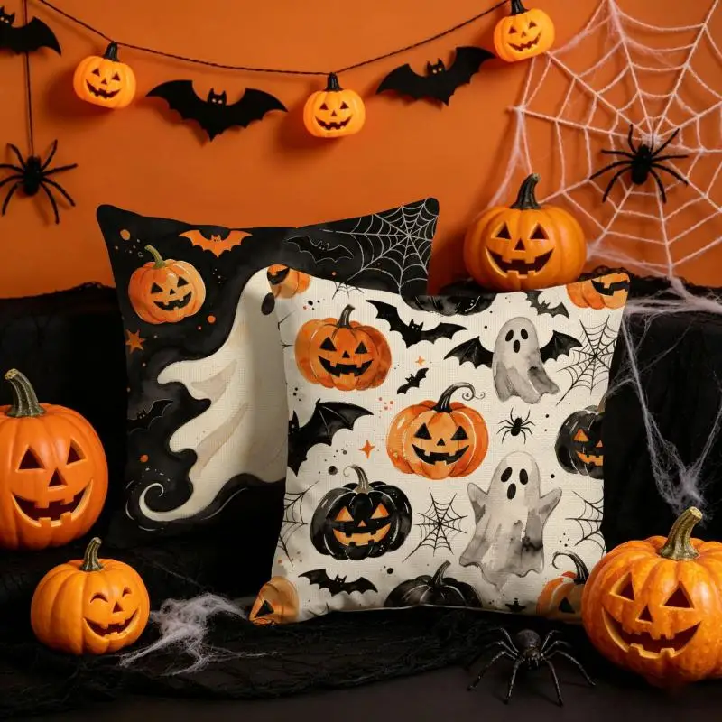 3 Stück Halloween-Geister-Print Sofakissenbezüge, Dekorative Kissenhüllen für Innenräume, Atmosphärische Kopfteil-Kissenbezüge – Detail 4