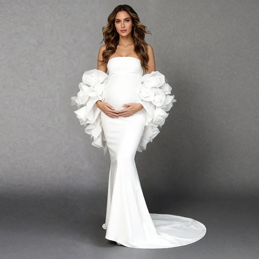 

Custom White Mermaid Maternity Dress Photoshoot Organza Flower Cape Pregnancy Photoshoot Outfit Long Dress for Photo Shoot