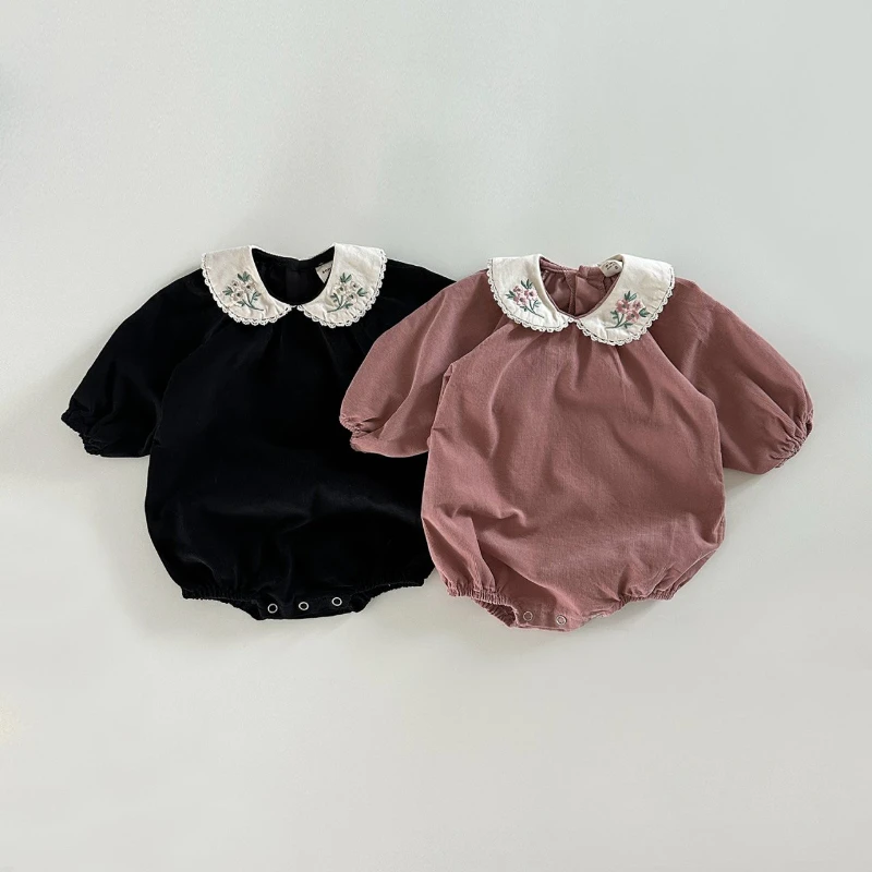 

2025 New Summer Girls' Cotton Embroidered Sweet Style Solid Color Doll Collar Jumpsuit