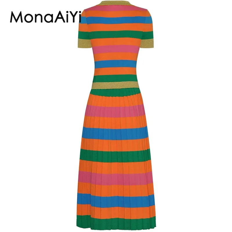 MonaAiYi HIGH QUALITY Runway Fashion Designer Women's Short Sleeve T-Shirt Knitting Top +Fashion Striped Pleated Skirt Uit