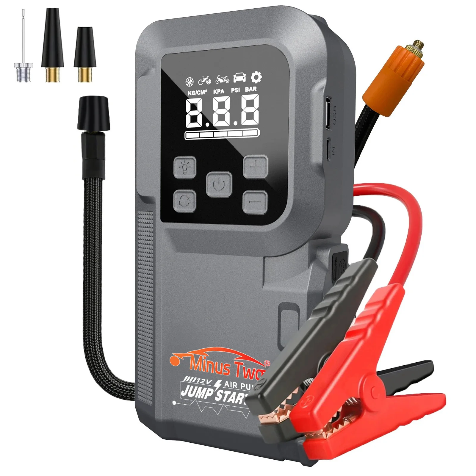 

12V Durable 2-in-1 Car Jump Starter & Tire Air Compressor - 150PSI, -40°C-80°C Low-Temp Operation, USB Port for Phones