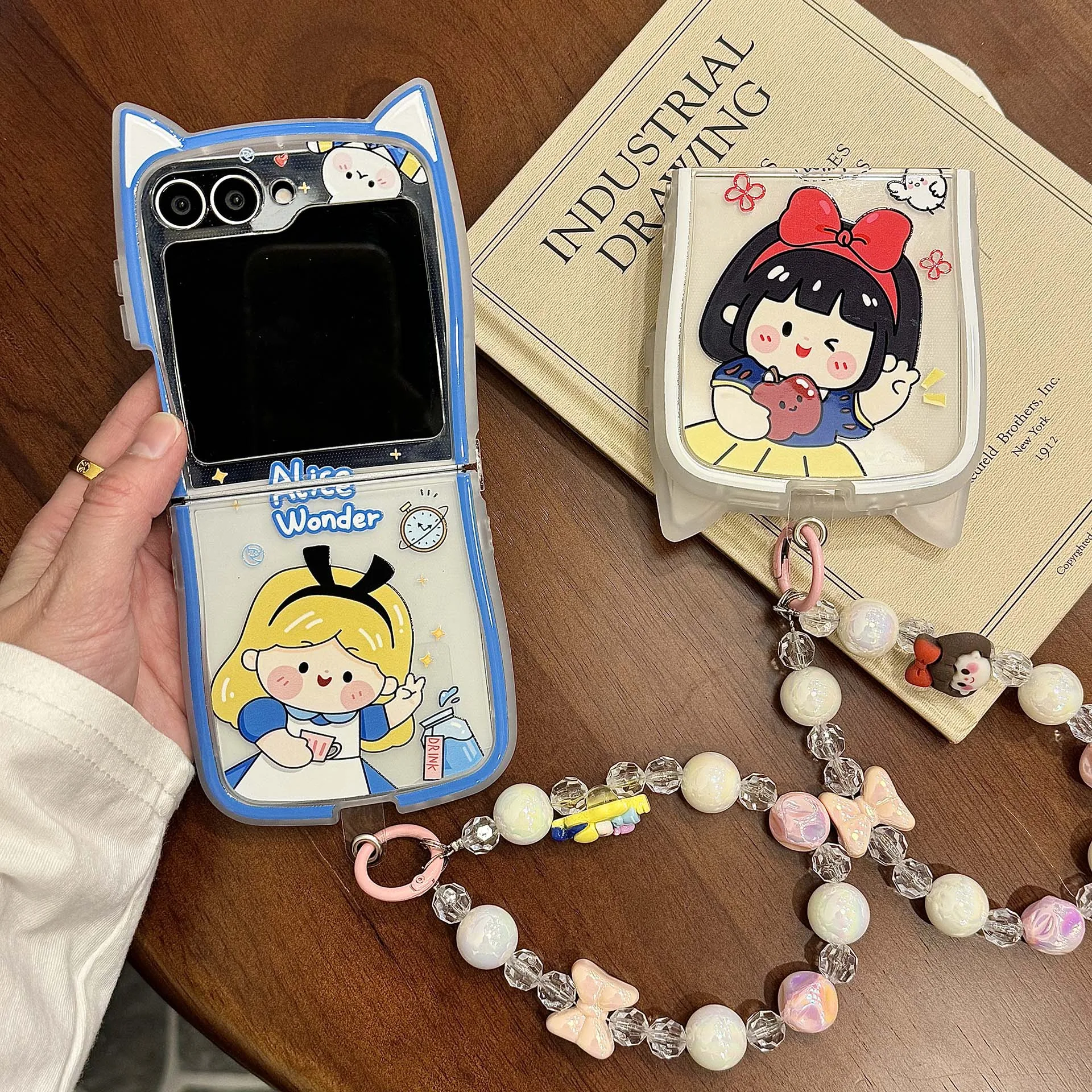 Capa de Telefone com Orelhas de Gato 3D Fofas, Branca de Neve Alice, para Samsung Galaxy Z Flip 3 4 5 6 7 7FE, Capa Protetora Kawaii com Cordão de Contas