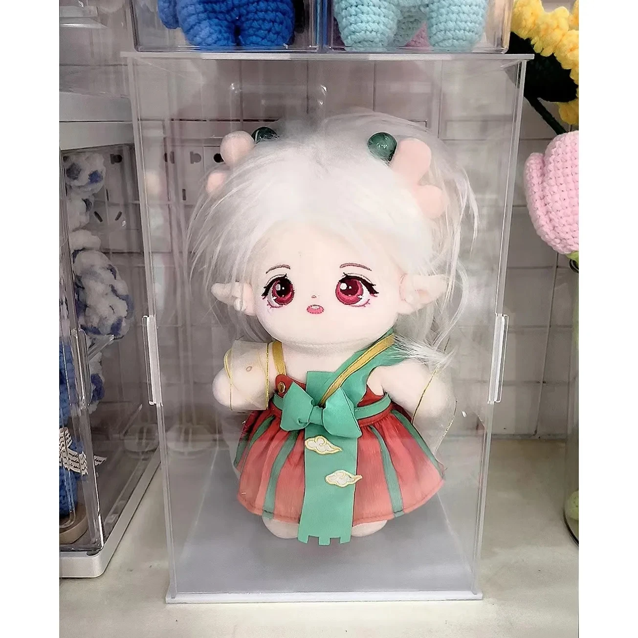 Acrylic Display Case With White Base Cube Acrylic Dustproof For Collectibles Figures Dolls, Countertop Plexiglass Display Case
