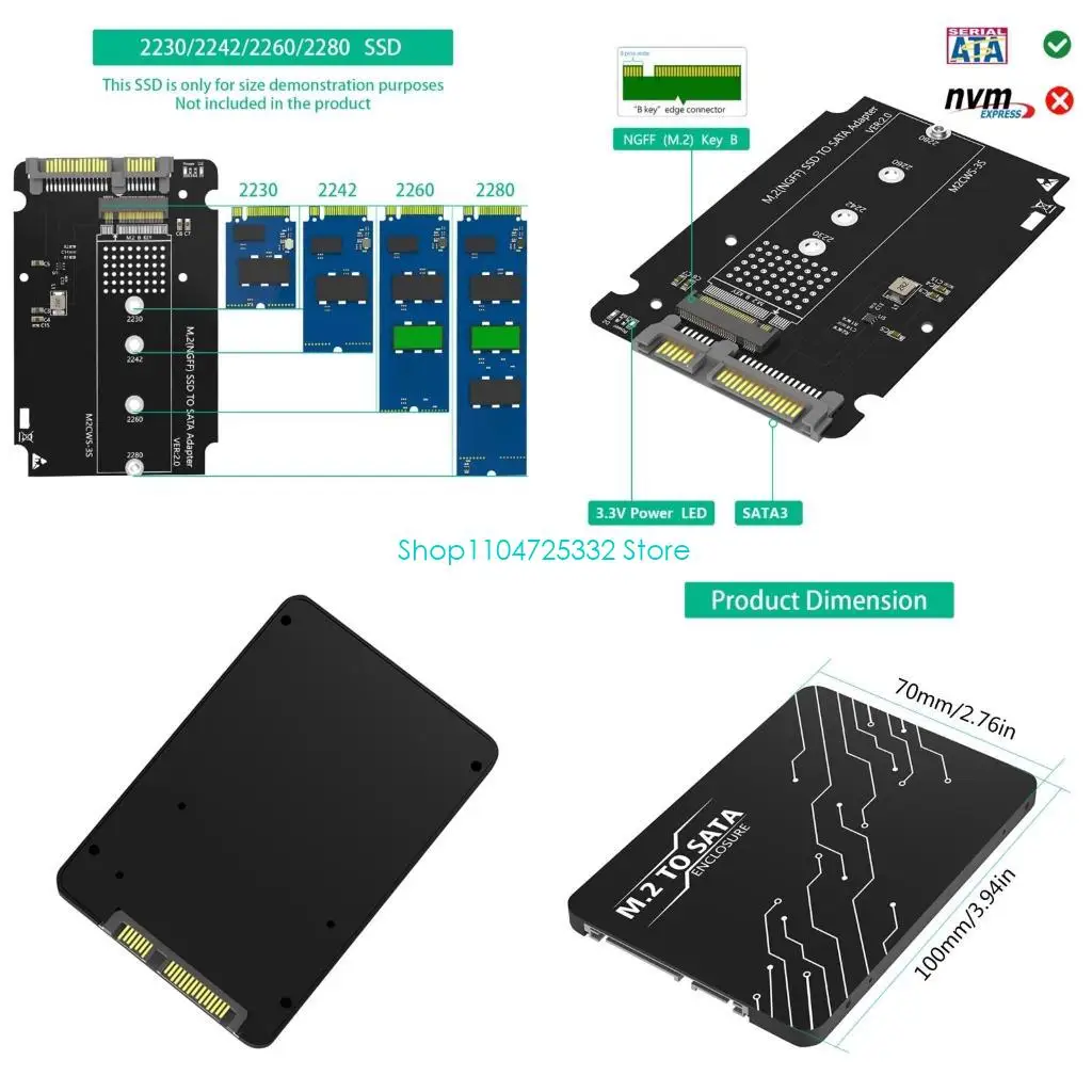 

P5EA Metal Case NGFFs SSDs to 2.5" SATAs 6Gbs Adapters Card Enclosure NGFFs Adapters for 2230/2242/2260/80