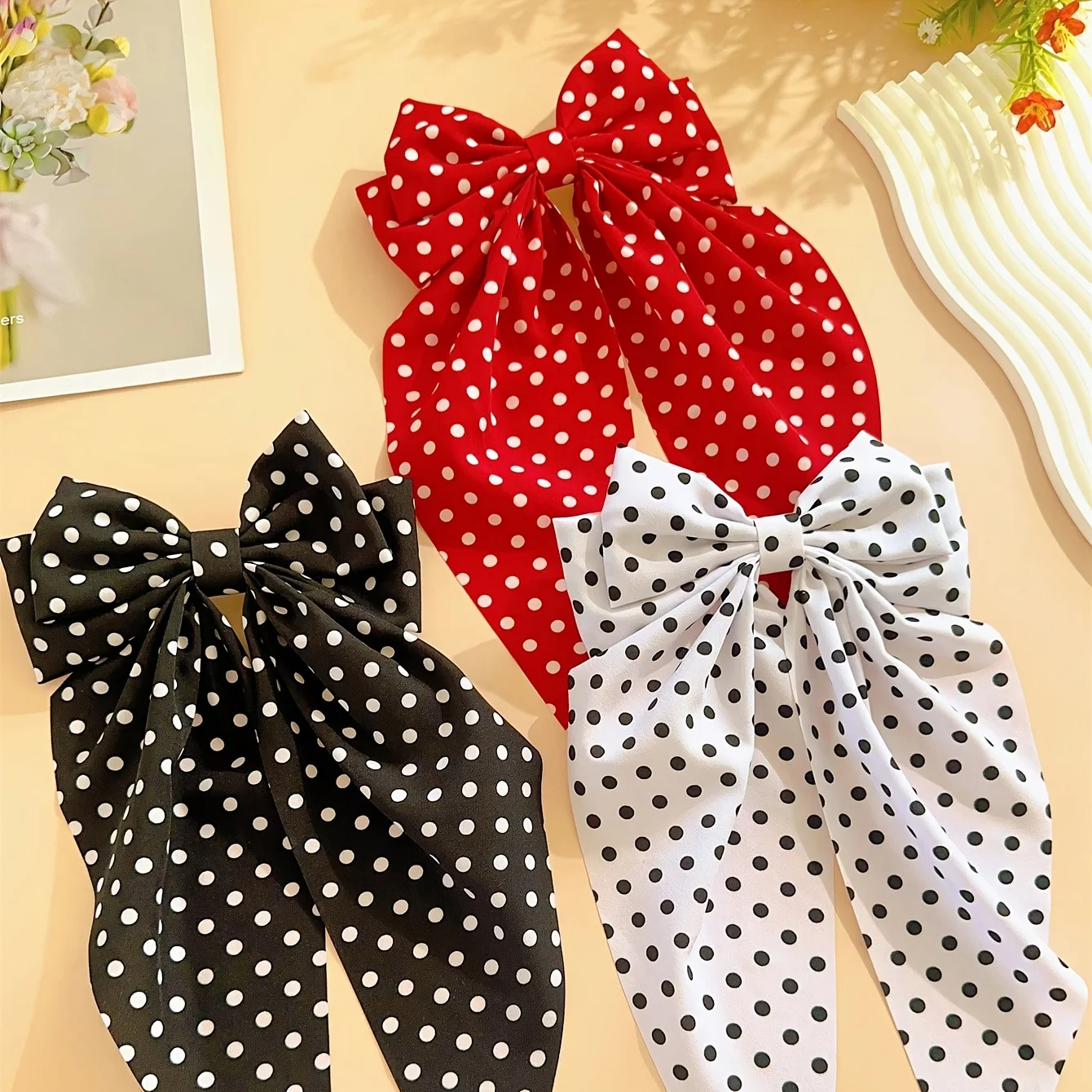 Polka Dot Pattern Bow Hair Clip for Women Large Size Solid Color Satin Long Flowing Bow Hair Clip Hair Additions Multiple Colors