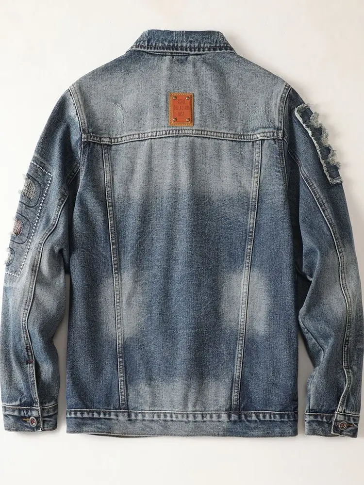 가을 겨울 남성 데님 재킷 딥 블루 찢어진 스플라이싱 캐주얼 재킷 스탠드 핏 패션 어반 스타일 면 폴리에스터 혼방