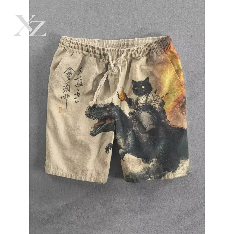 Men's Board Shorts Men Short Funny Samurai Cat Dinosaur Animal 3d Hawaiian Beach Short Swim Trunk Swimsuit Sports Pant Boy Brief