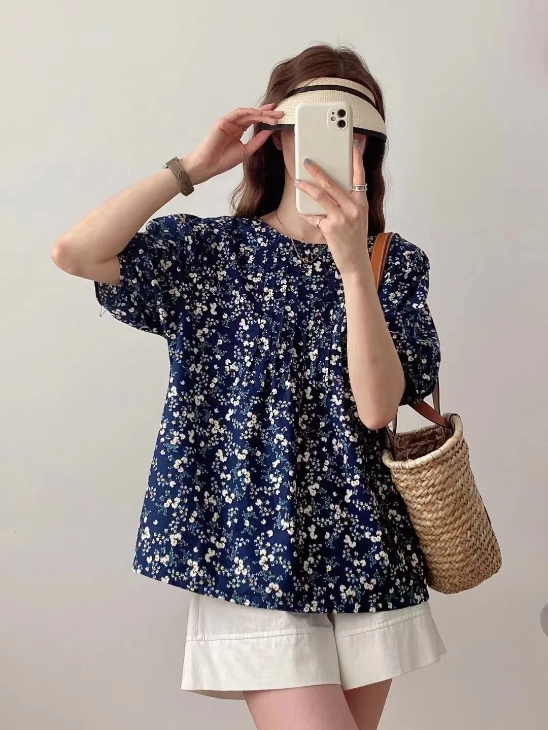 New Spring Cotton Casual Sweet Shirt Women Short Sleeve O-Neck Floral Top Girl Loose Commute OL Blouses 2024 Summer T45820QM