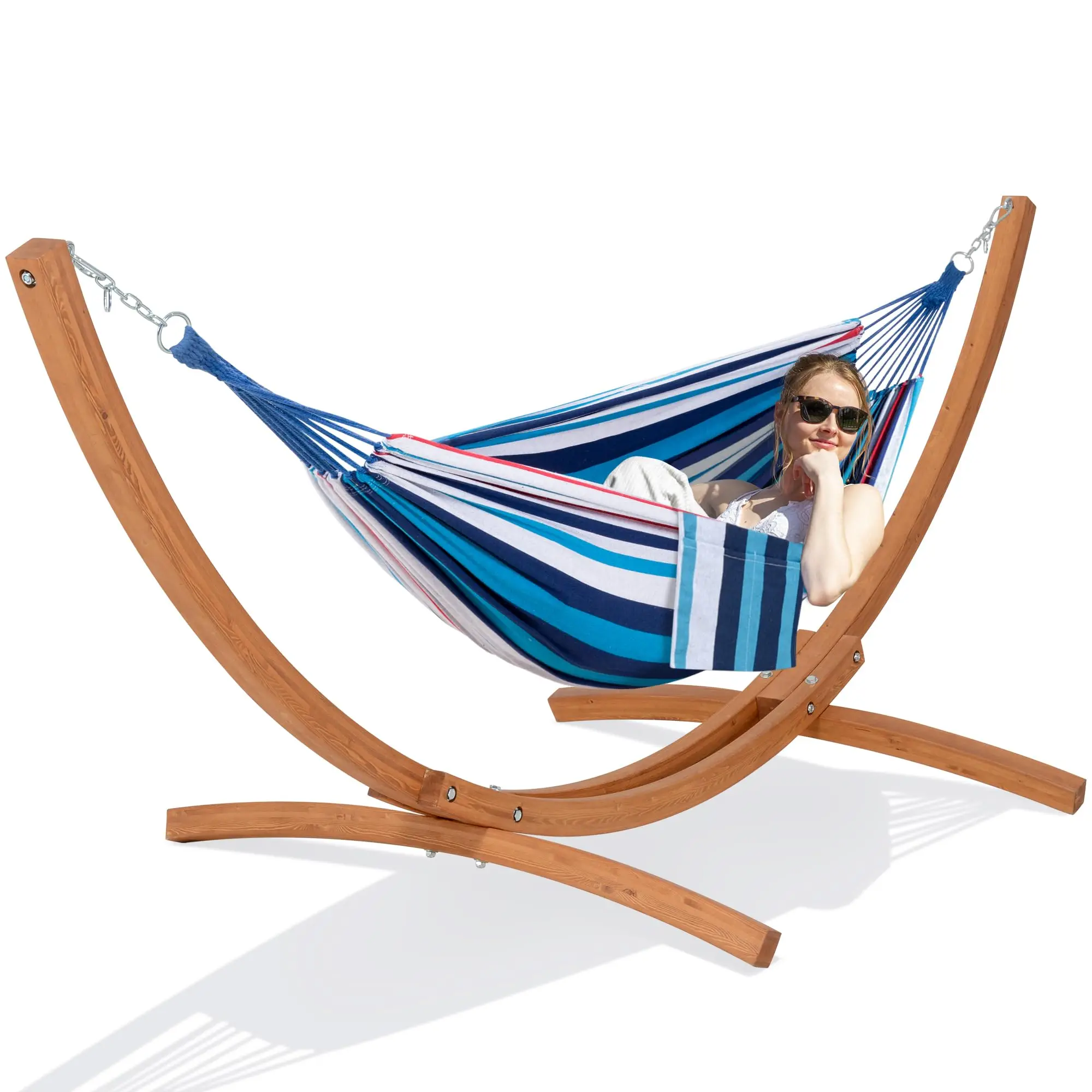 Freestanding Hammock with 10 ft Wooden Stand Included, Coffee | Stand Alone Hammock for Outside, 475 lbs Capacity