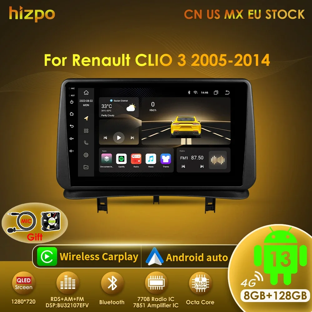 Hizpo 2 Din Android Autoradio For Renault Clio 3 2005 2006 2007 2008 2009-2014 Car Radio Multimedia Navigation CarPlay 4G Stereo