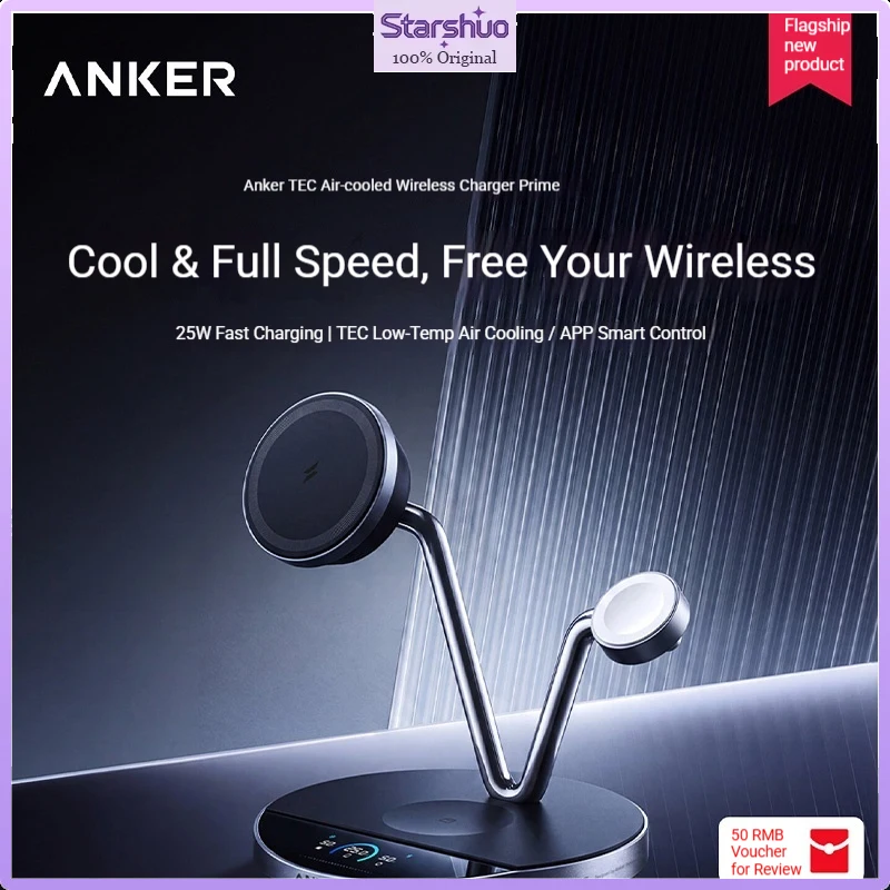 Anker Prime 3-in-1 Magnetic Wireless Charging Station 25W Qi2 TEC Active Cooling Smart Display Desktop Charger Stand for iPhone