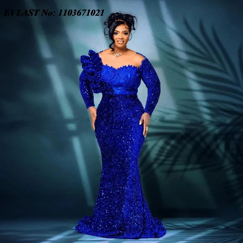 EVLAST Royal Blue Sequins African Evening Dress Black Women Nigerian Formal Party Gown Shiny Sequined Mermaid Prom Dress P163