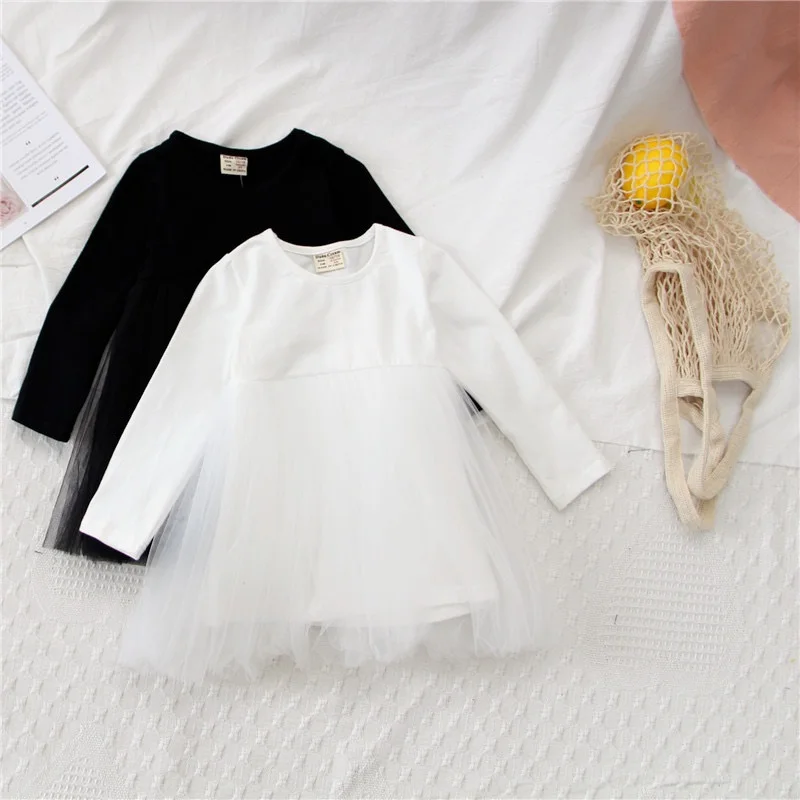 Baby Girl Princess Cotton Tutu Dress Long Sleeve Child Gauze Tulle Vestido Brief Spring Autumn Solid Color Baby Clothes 1-4Y