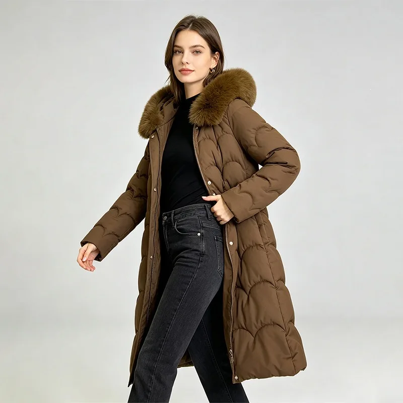 2026 New Winter Women's Padded Jackets Mid-length Fashionable Hooded Large Fur Collar Loose Thick Down Cotton Outerwear