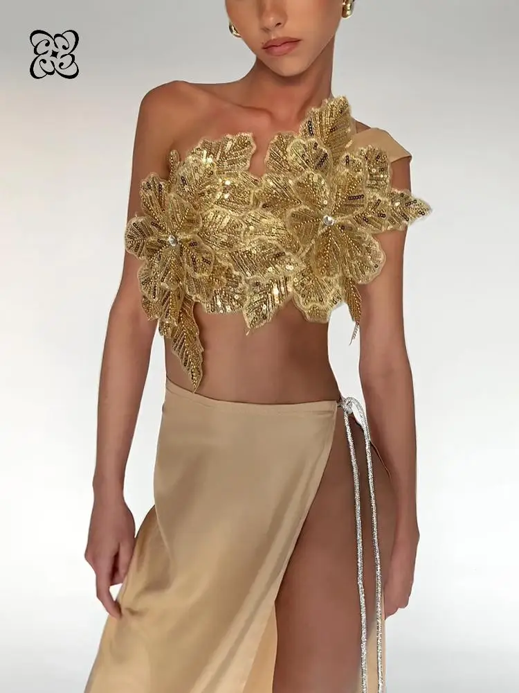 Gold 3D Floral Applique Two Piece Dress for Women One Shoulder Beaded Crop Top High Split Satin Maxi Skirt Elegant Formal Gown