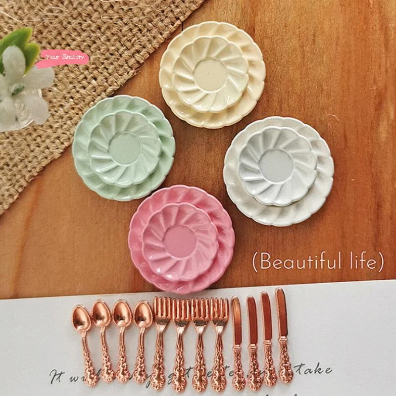 1/12 مقياس دمية مصغرة كعكة طبق مع سكين شوكة قاعدة الملاعق-DIY بها بنفسك الديكور بيت الدمية اكسسوارات لنماذج مقياس 1/12