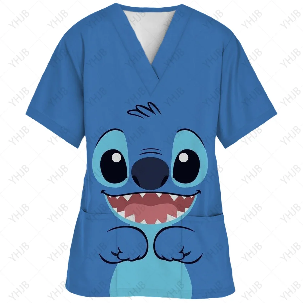 Mode Frauen Krankens ch wester Disney Stich Uniform V-Ausschnitt Klinik Uniform Krankenhaus Gesundheits wesen Spa T-Shirt Bluse gedruckt Krankens ch wester Peelings