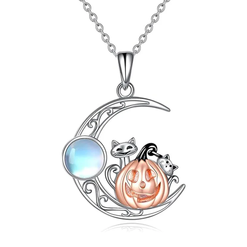 

KityKiss Halloween Gothic Vintage Moon Pumpkin Cat Moonstone Pendant Necklace