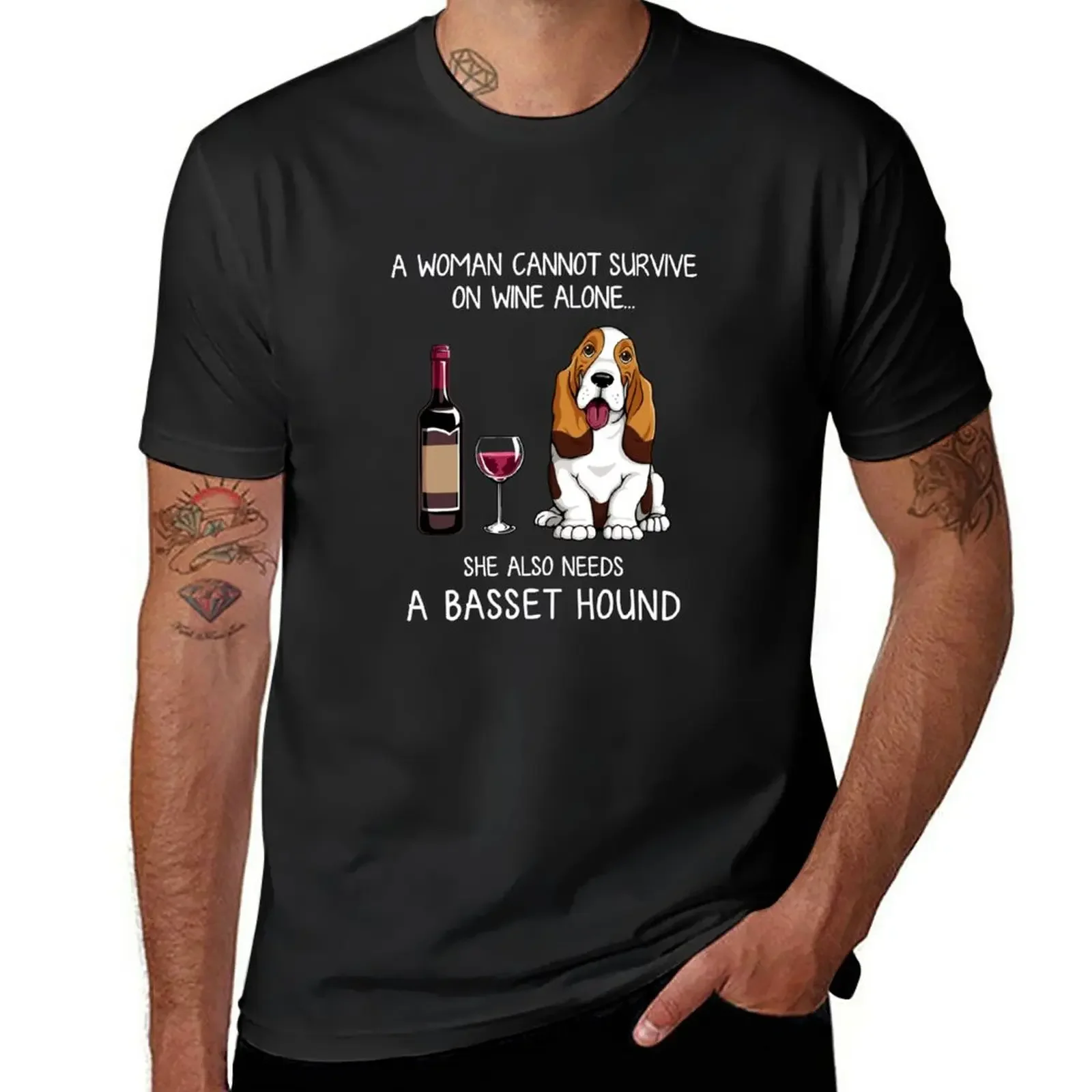 2024 summer new men t shirt Basset Hound and wine Funny dog T-Shirt Blouse short sleeves pure cotton tops casual streetwear