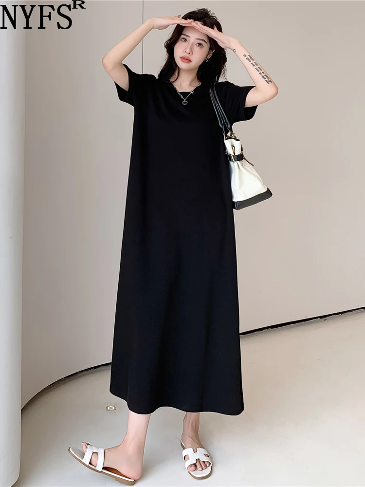 

NYFS 2024 Summer New Korea Woman Dress Vestidos Robe Elbise Loose Plus Size Air Layer O-Neck Short Sleeve Long Dresses