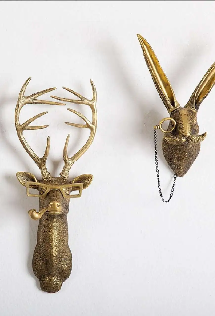 Antik Bronze Harz Tier Anhänger Goldener Hirschkopf Wandaufbewahrung Haken Hintergrund Wandzubehör Dekorative Figuren – Detail 4