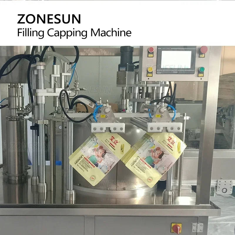 ZONESUN Сервозаполняющая укупорочная машина Автоматическая упаковка для подачи пластиковых пакетов Doypack Желейные напитки Упаковка моющего средства с конвейером
