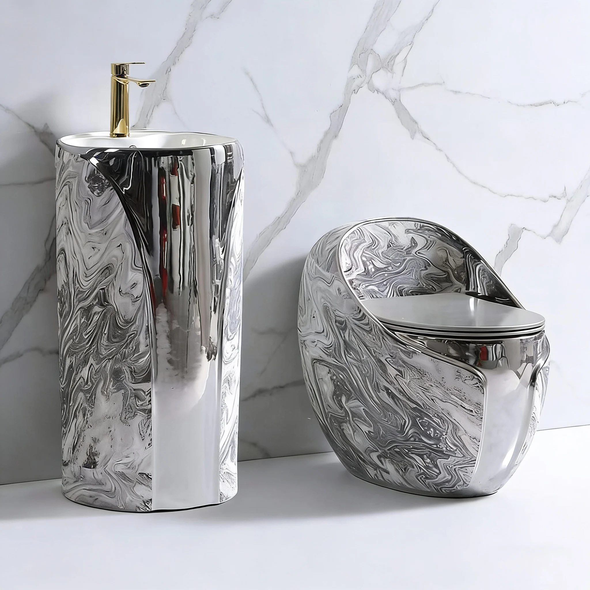 2026 Luxury Bathroom Sanitary Ware Wc Inodoro Ceramic Floor One Piece Silver Color Toilet Set With Pedestal Sinkpromote sales