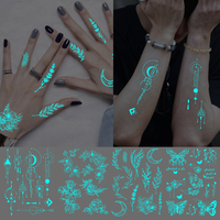 4pcs Blue Luminous Waterproof Temporary Tattoo Sticker Geometric Butterfly Flower Rose Moon Women Men Arm Body Art Fake Tattoos
