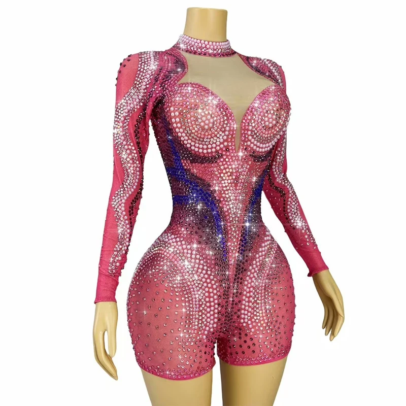 Kostium Gogo Dancer na Halloween, strój sceniczny dla kobiet, różowy kombinezon z dżetami do tańca jazzowego, odzież do baru i klubu nocnego XS10341