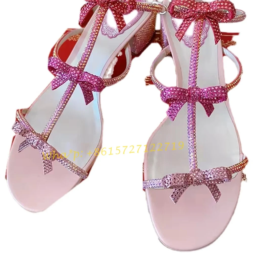 T-strap Sweet Butterfly Sandals Med Block Heels Party Luxury Summer Crystal Sandals Comfy Open Toe Women Wedding Elegant Shoes