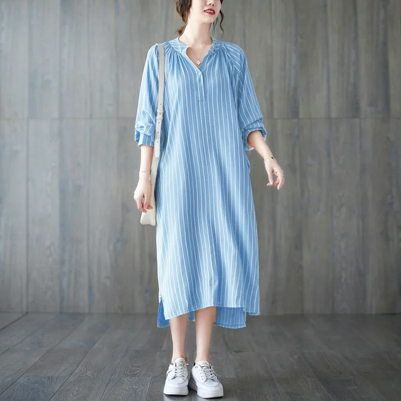 Johnature Spring Summer 2024 New Simple Women Loose Casual Striped Split Dress Casual O-neck Female Dresses