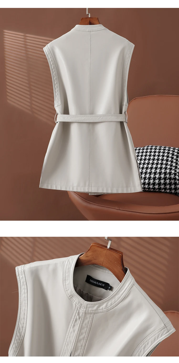 ربيع الخريف الأسود لينة بولي Leather سترة جلدية العلامة التجارية الفاخرة مع حزام فاخر أنيق مكتب سترات بلا أكمام للنساء #2