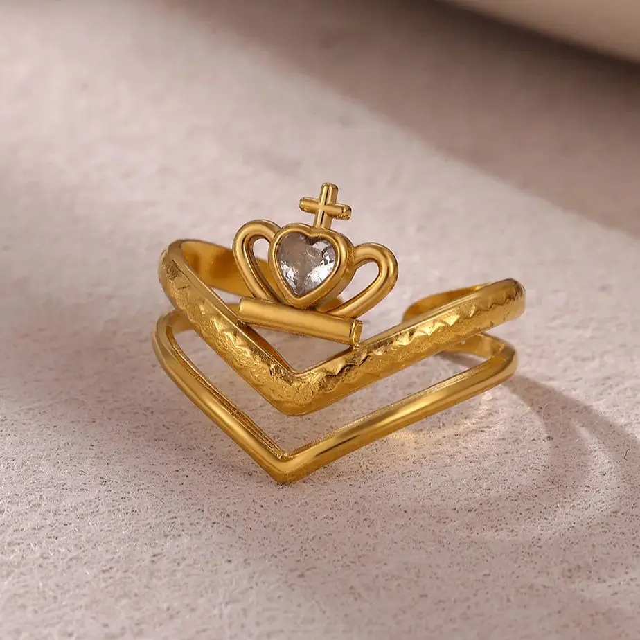 Zircon Crown & Heart Rings for Women Gold Color ‌Stainless Steel Heart Cross Adjustable Ring Elegant Fashion Jewelry Gift