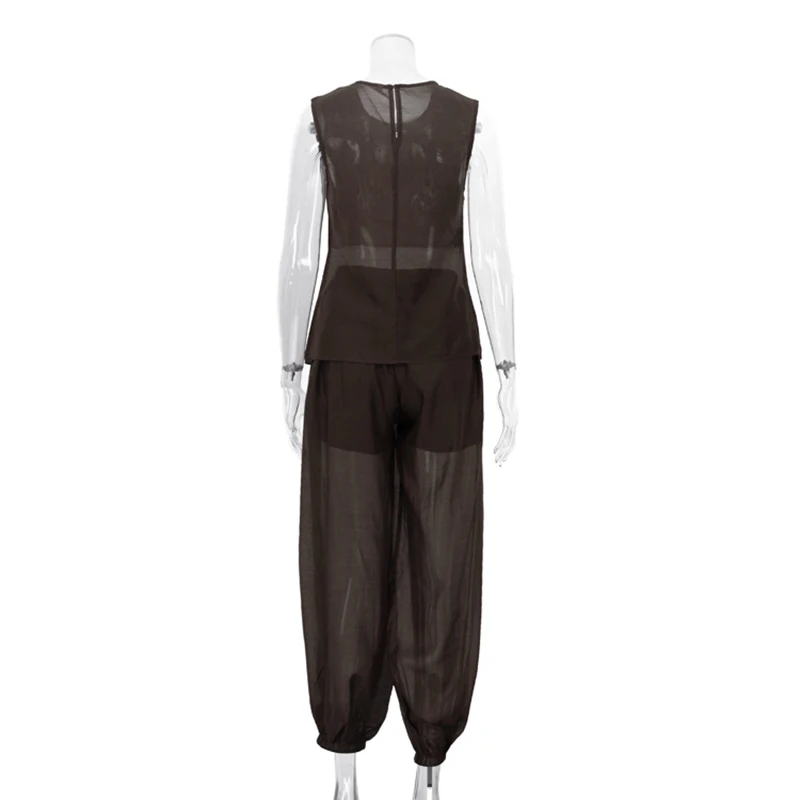 Spring Casual Perspective Pants Suit Women Sleeveless Vest Round Neck Tops+high Waist Loose Tapered Pants Autumn Two Piece Set