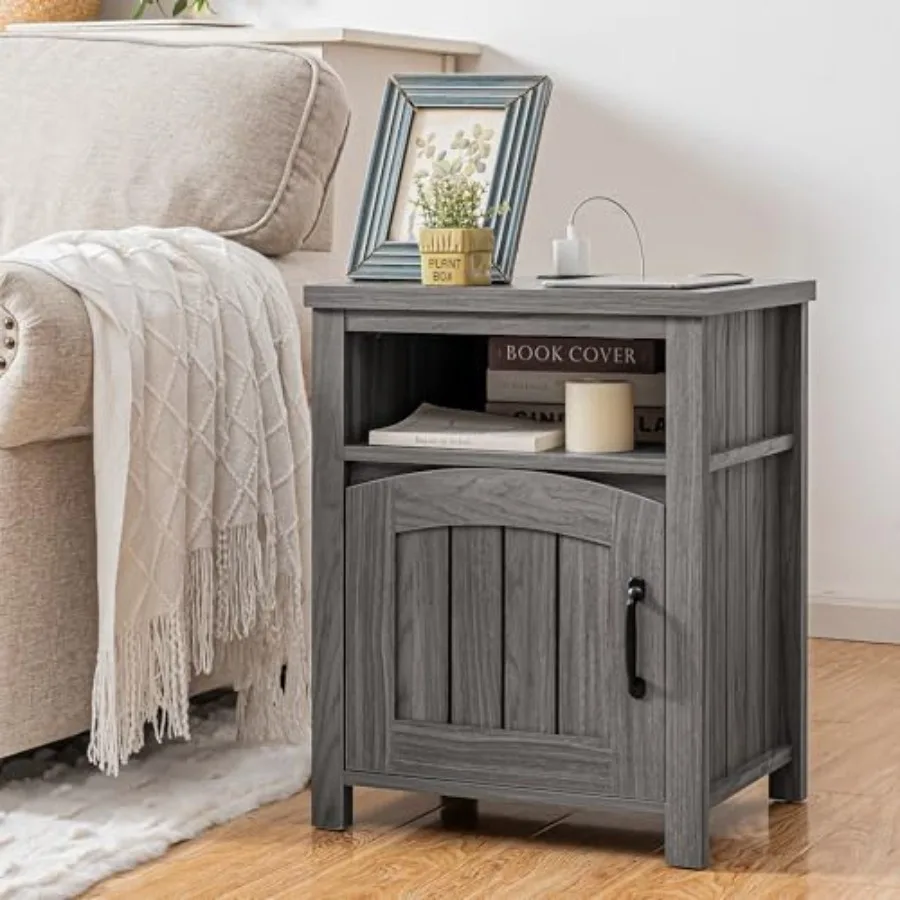 

Farmhouse Nightstand with Charging Station 8 End Table with Adjustable Storage Shelf Rustic Wood Sofa Side Table with Door for