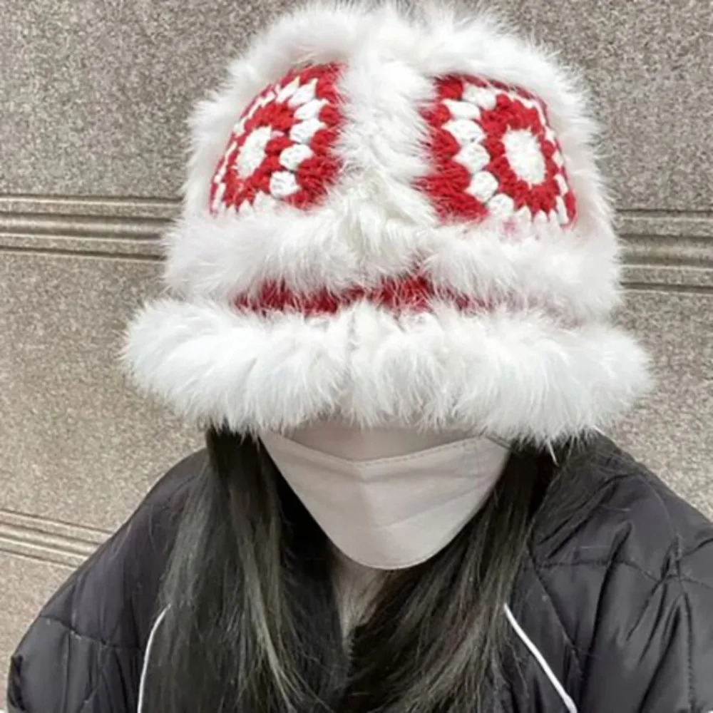 Cold and Warm Protection Fur Knitted Plush Bonnet Soft and Skin Friendly Plush Cute Face-Looking Small Wool Hat Material Safety