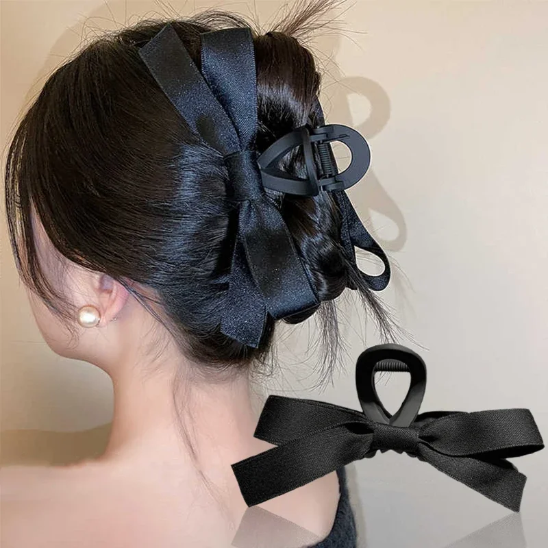 Double Sided Bow-Knot Elegant Black Satin Hair Clip for Women Korean Large Hair Claw Hairpin Frosted Shark Clip Hair Accessories