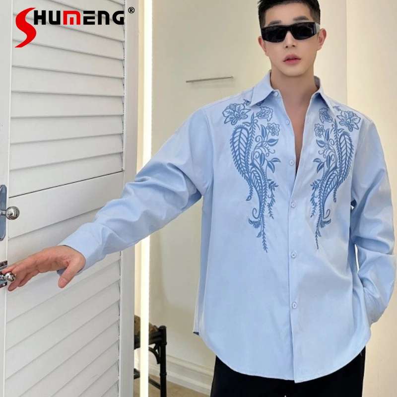 Kemeja Pria Bordir Kerah Longgar Model 2025, Serbaguna, Mewah, Stylish, Nyaman, Elegan, Lengan Panjang, Atasan Keren