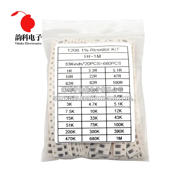 1206 0805 0603 0402 0201 Próbka rezystora SMD Zestaw 1Ohm-1M ohm 1% 33 wartościX 20szt=660szt