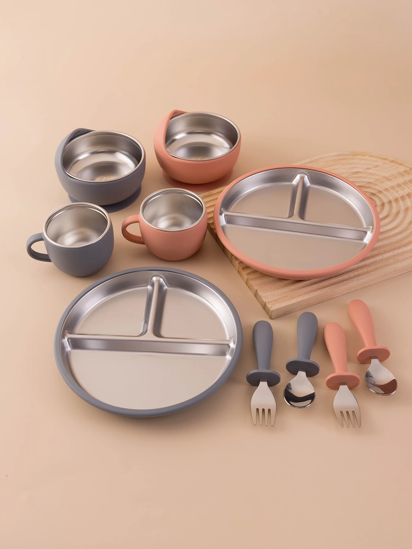 5PCS Stainless Steel Detachable Dishes Plate Baby Feeding Set With BPA Free Silicone Bowl Cup Infant Training Fork Spoon Gifts