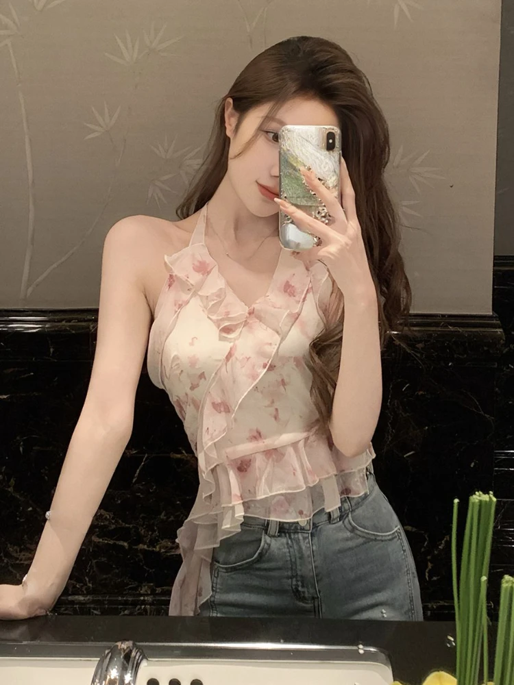 Pink Chiffon Korean Designer Vest Women Print Ruffles Elegant Sweet Tank Tops Female Holiday Causal Sexy HalterneckTops 2023 New