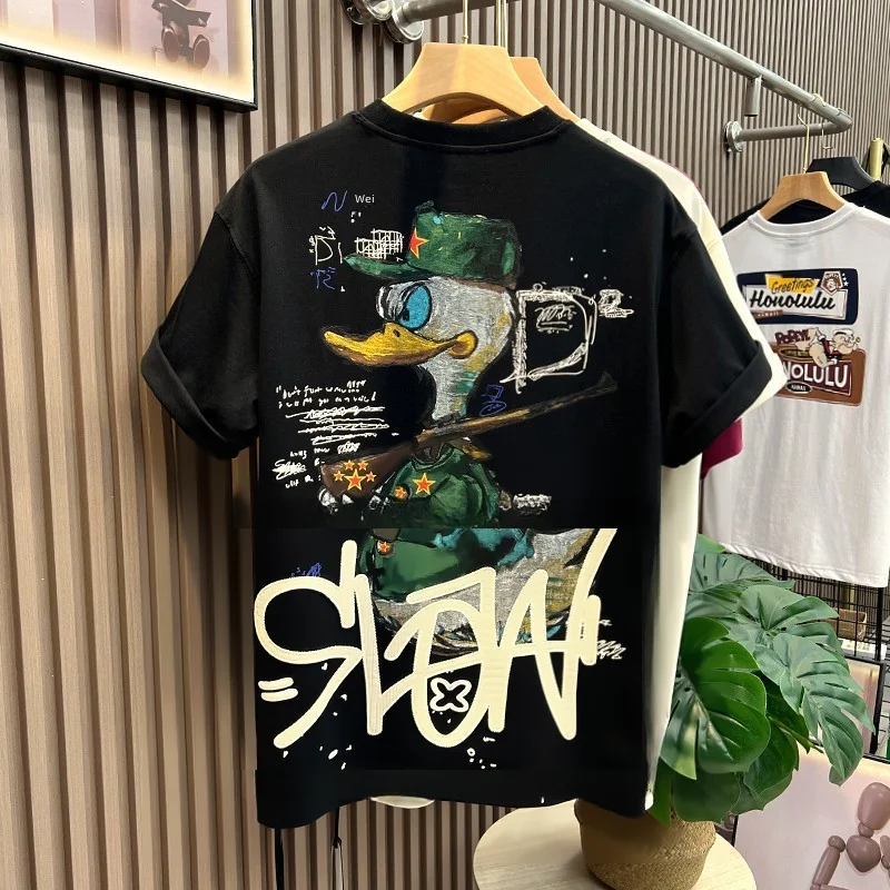 Trendy Cartoon Print Short Sleeve T-shirt For Men Summer Fashionable Youth Versatile Casual Round Neck Base Layer Top