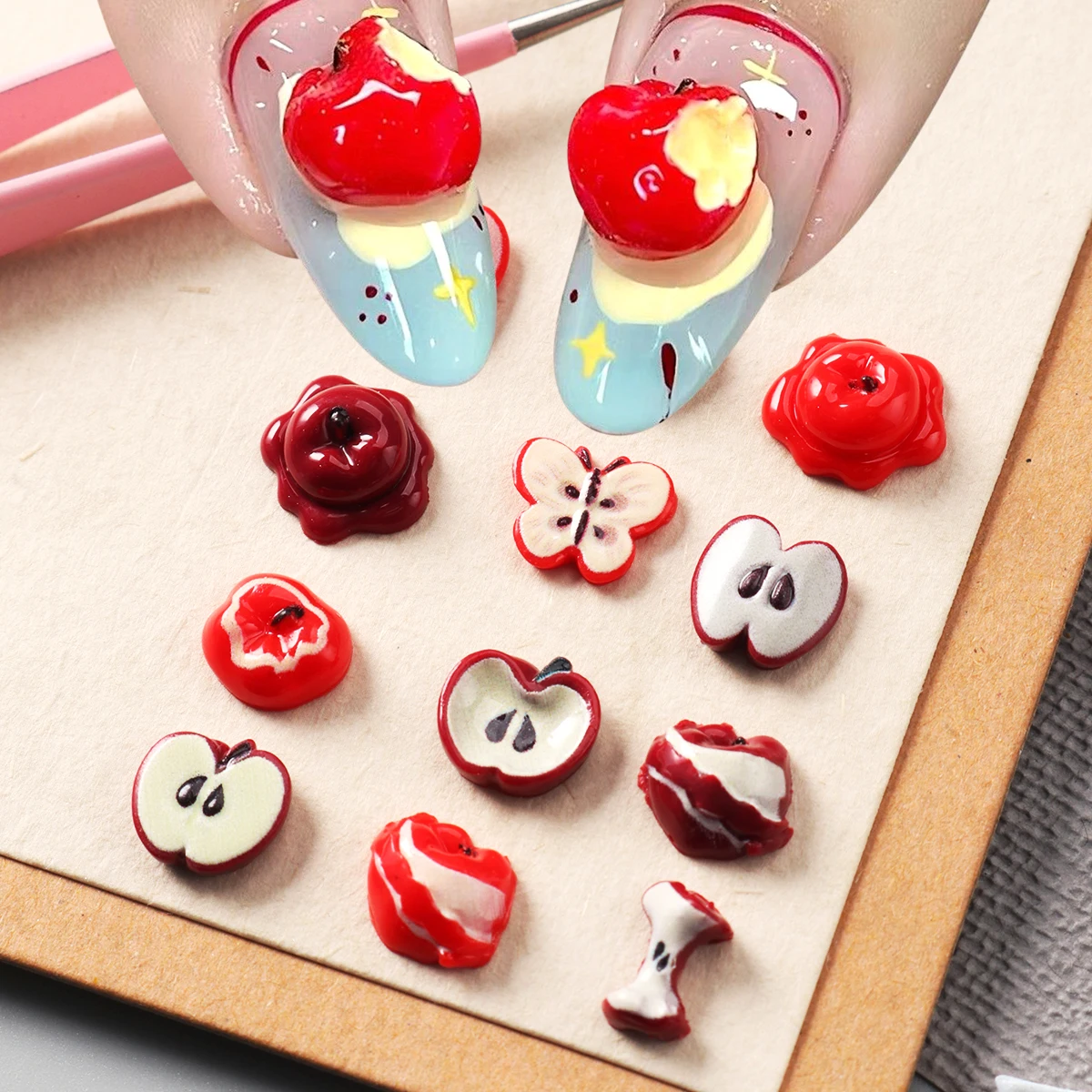 50cs/bag Red Apple Gift Bowknot Nail Charms Ribbon Bow Take A Bite Of Apple Flatback Chritsmas Manicure Design DIY Nail Supplies