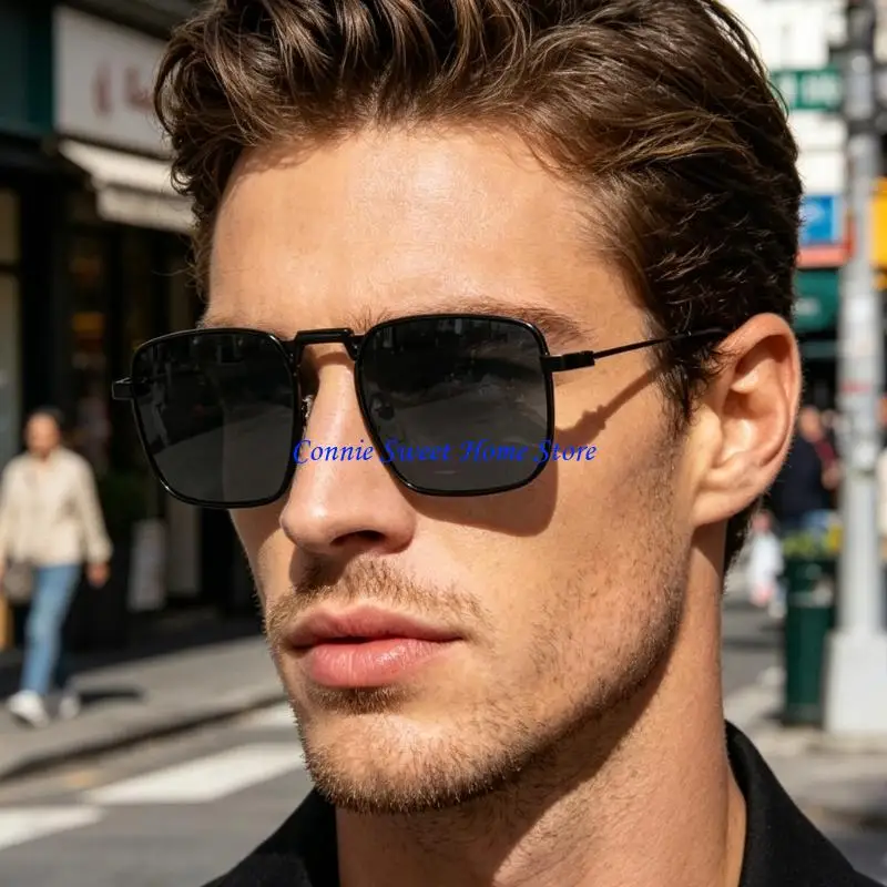 LXAF Square Frame Sunglasses Metal Texture with Spring Hinges Flexible Nose Pad